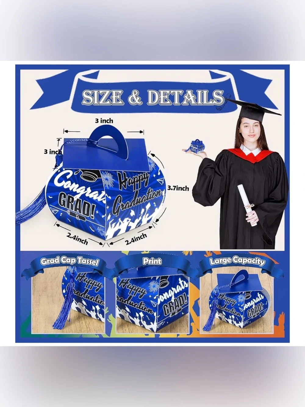 Graduation Party Favors Boxes,32pcs Cap Candy Box with Tassel, Treat Boxes(Blue)